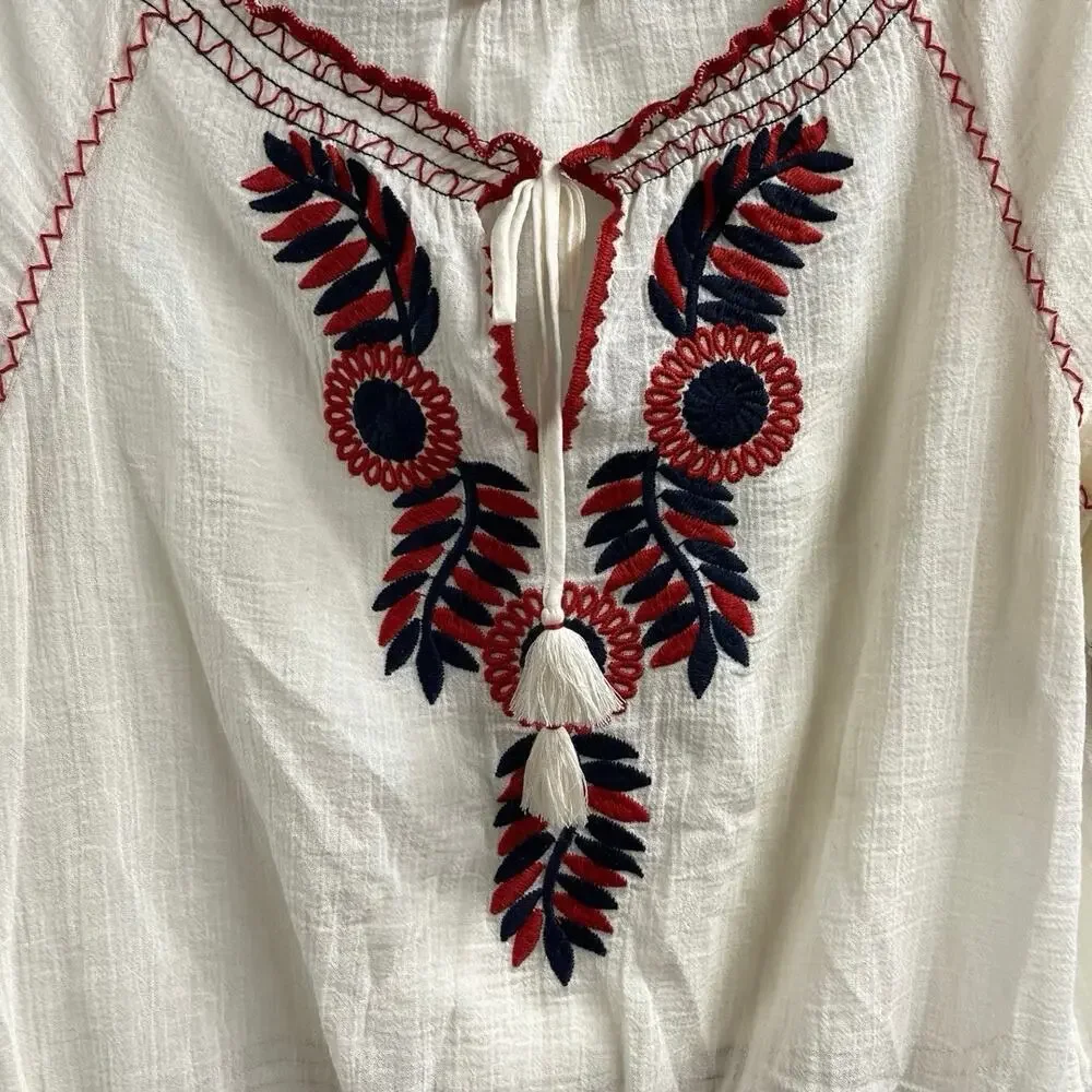 Tory Burch Mari Peasant Top M Cream Embroidered Boho 100% Cotton
